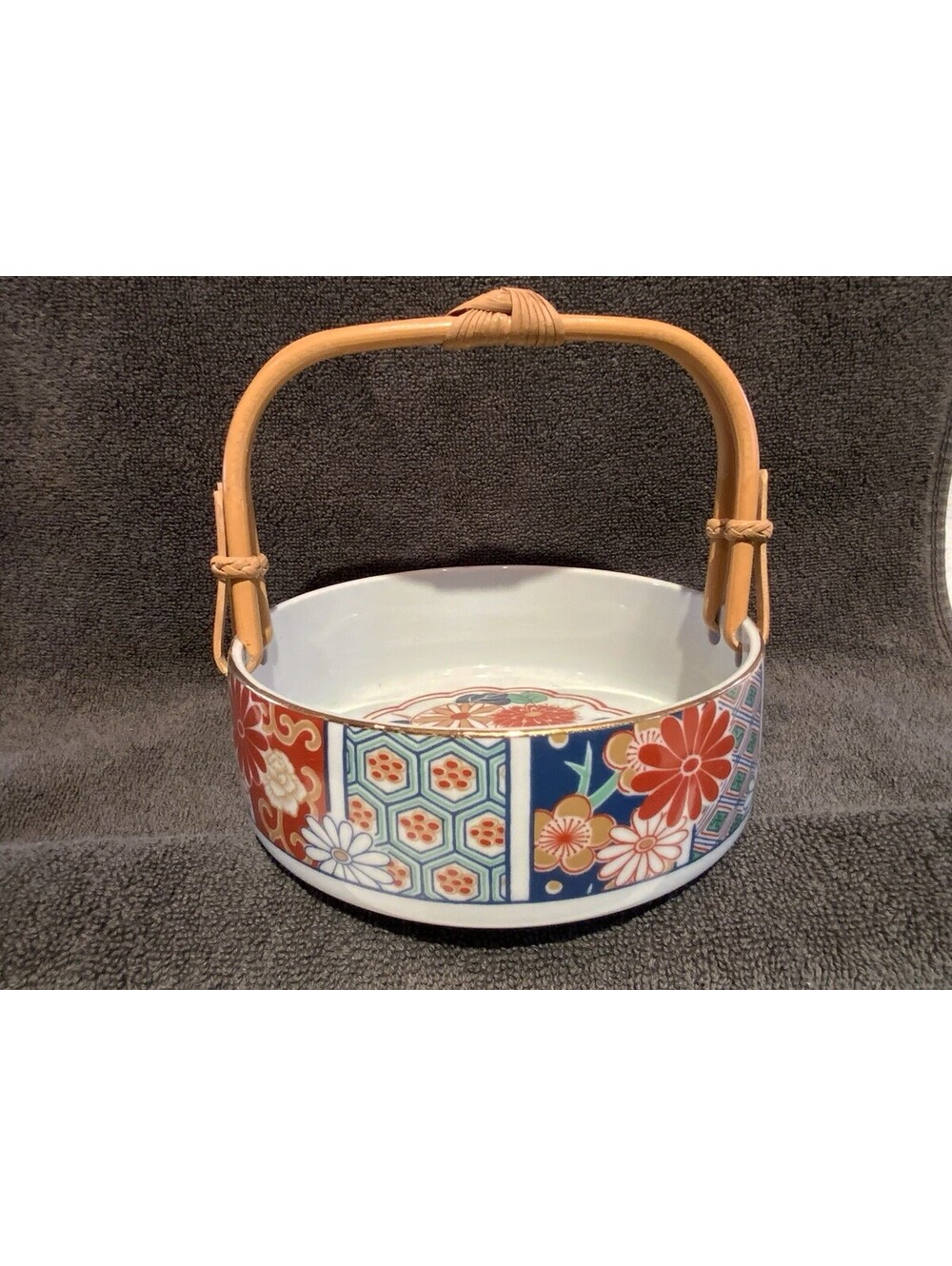 Vintage Arita Fine China Hand Decorated Japanese Candy Dish with Bamboo Handle